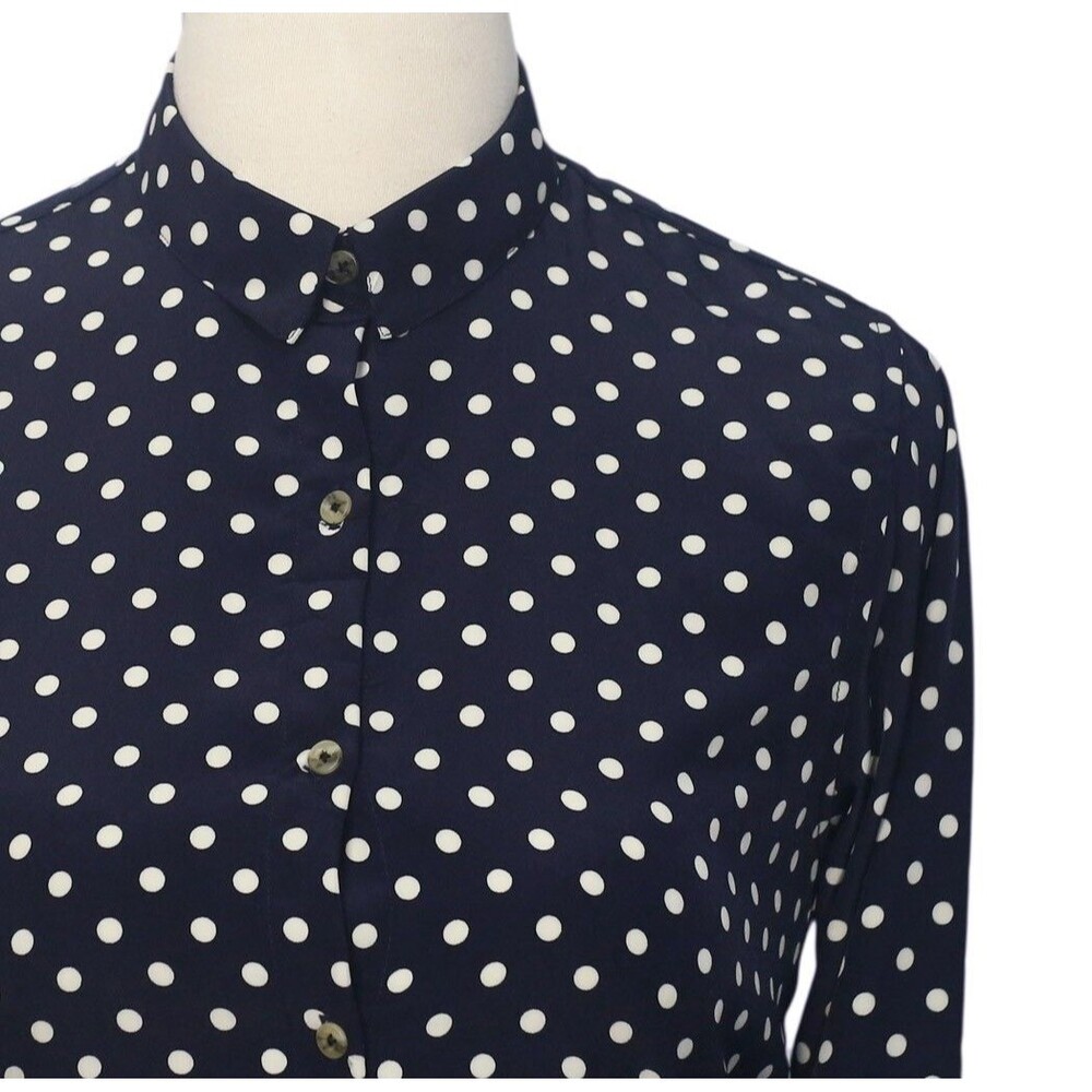Womens Silky Satin Shirt Blue Polka Dot Blouse Button Up Dressy Top Medium Work - Picture 4 of 7